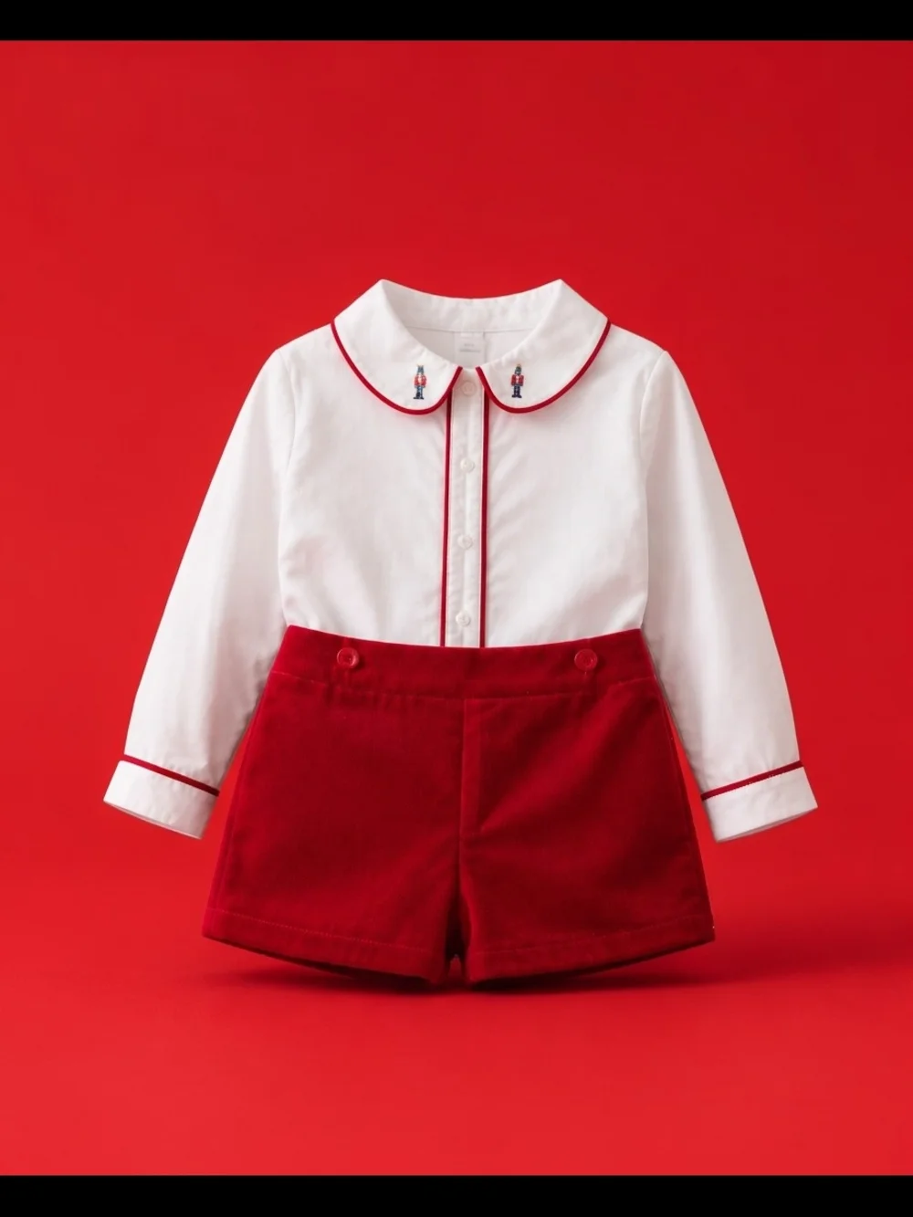 White Peter Pan Collar Top and Red Velvet Shorts Set